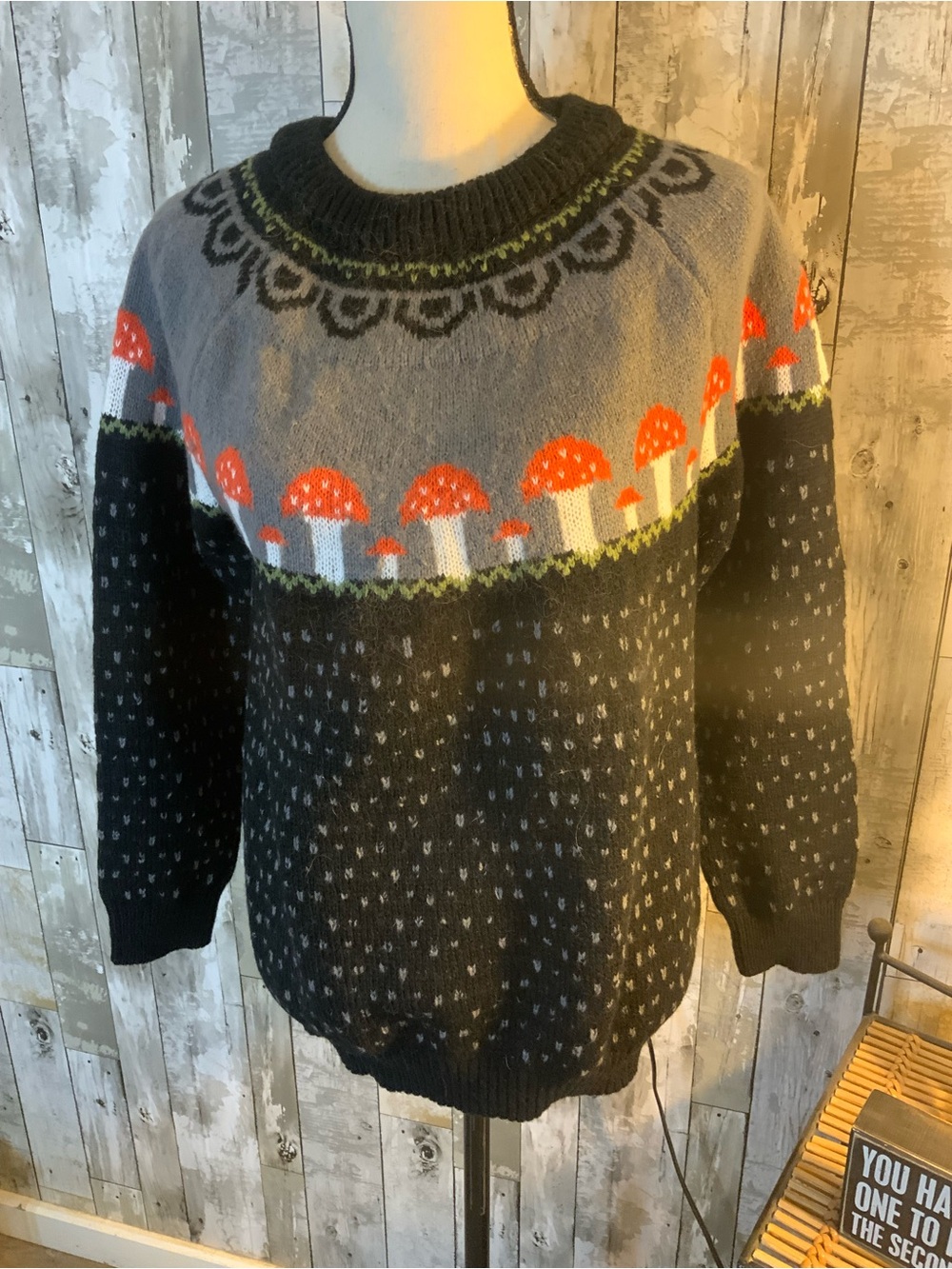 Unk Black Gray Mushroom Fair Isle Crewneck Sweater with Orange Accents